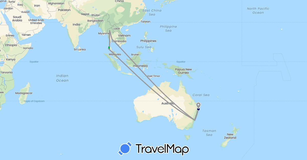 TravelMap itinerary: driving, bus, plane in Australia, Thailand (Asia, Oceania)